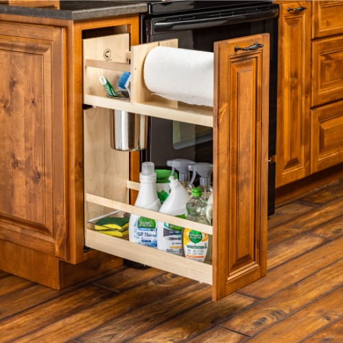 SIGCO85PF - Cleaning Organizer -Paper Towel Rod - 9 inch Minimum Cabinet Opening Width - Prefinished Maple - Signature Series