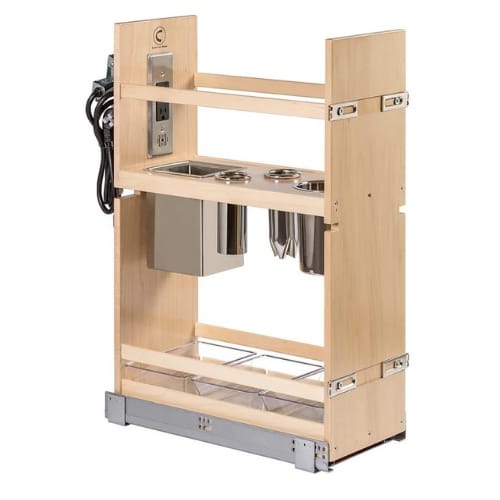 SIGGO-EL100PF-18 - Vanity Grooming Organizer with Electrical - 10.5 inch Minimum Cabinet Opening Width - Prefinished Maple - Signature Series