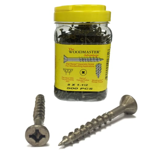 Deerwood Fasteners - 8 X 1.25 - Flat Head with Nibs Recex - Robertson Square/Phillips Combo Drive - Woodmaster Thread - Jar of 500
